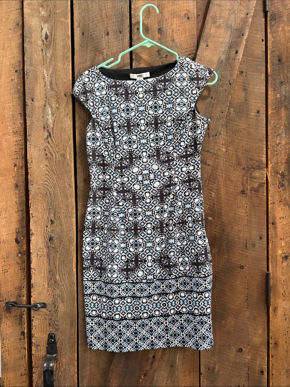 Sleeveless Black & Light Blue Patterned Sheath Dress